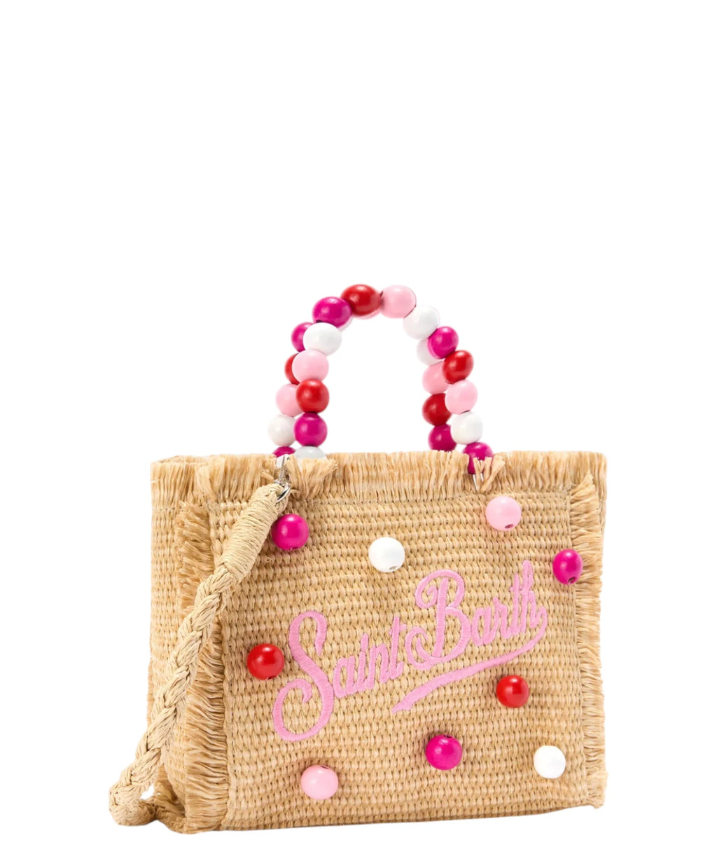Borsa Vanity Mini in Rafia con perline e tracolla removibile