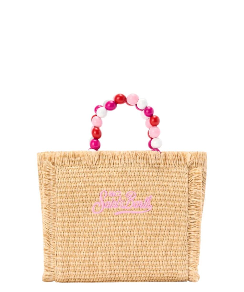 Borsa Vanity Mini in Rafia con perline e tracolla removibile