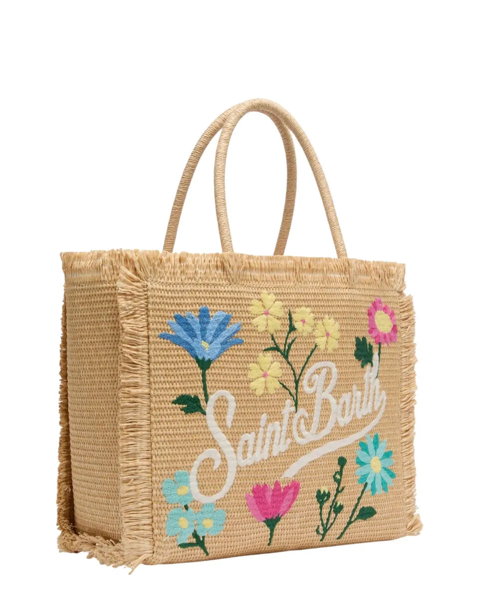 Borsa a Spalla Vanity in Paglia Beige con Fiori Applicati e Ricamo Saint Barth-Mc2 Saint Barth-Borse a spalla-Vittorio Citro Boutique