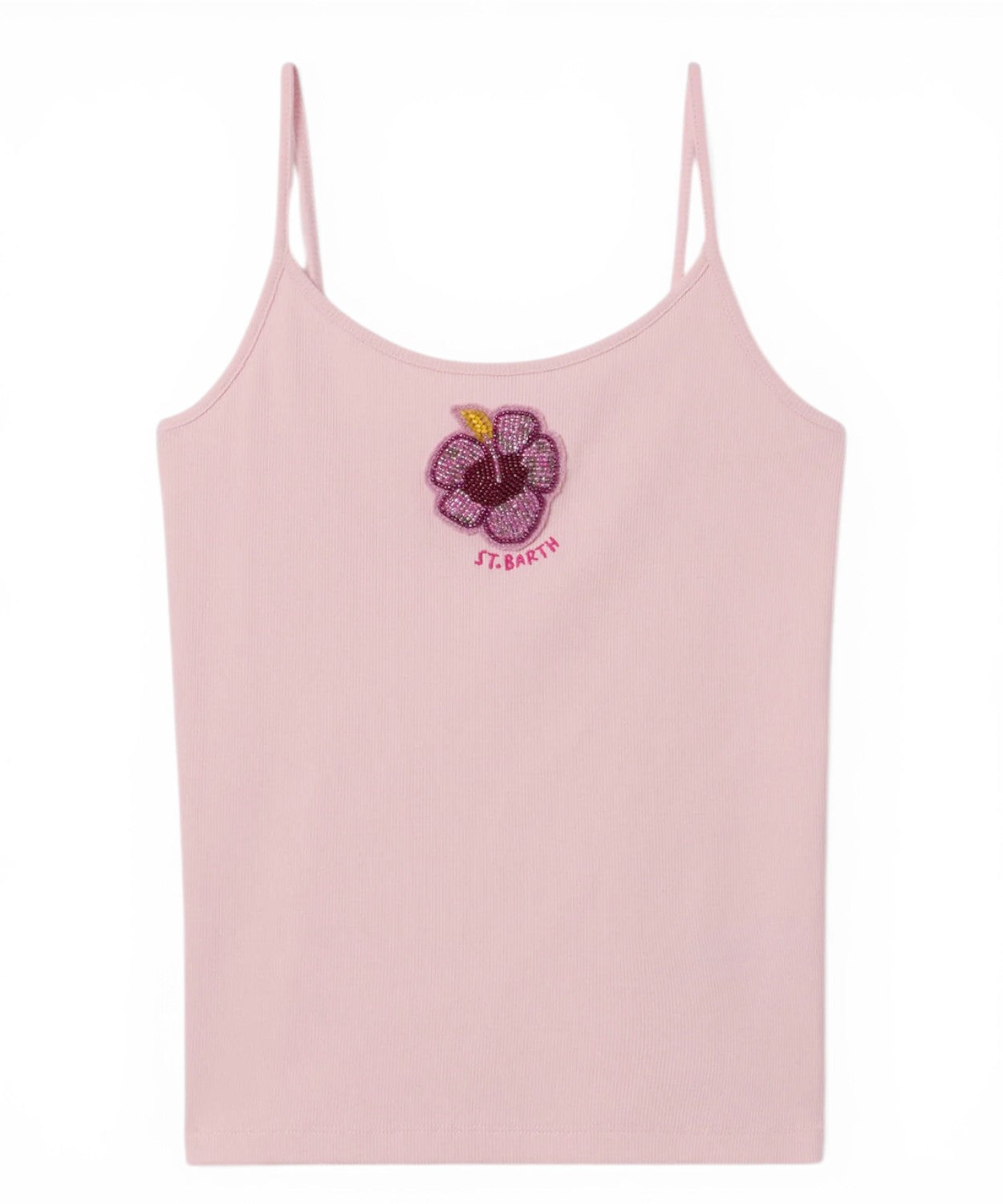 Canottiera Zaira a costine con patch floreale con perline