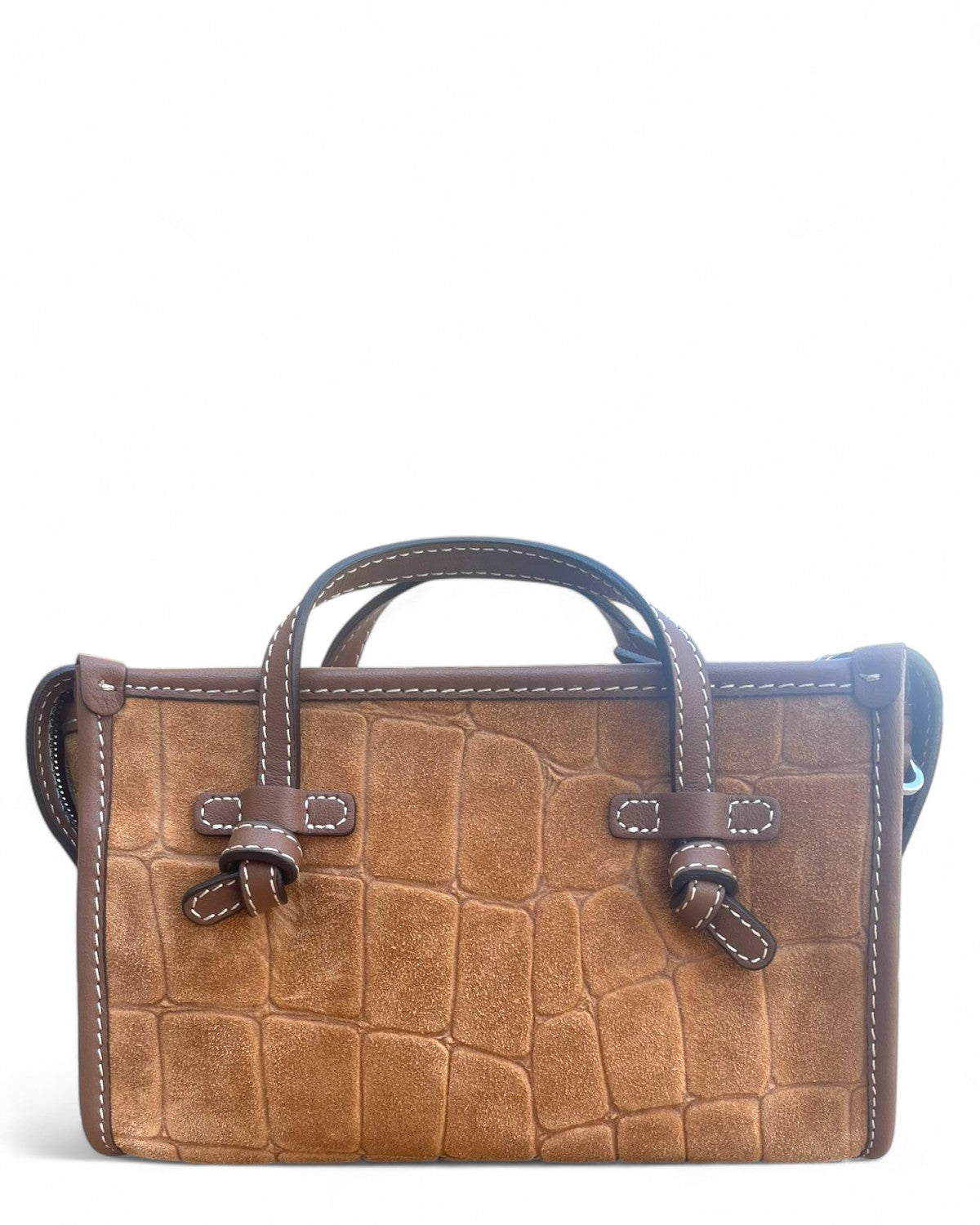 Borsa Marcella Joy elegante in pelle scamosciata con stampa cocco, manici corti e cuciture a contrasto. Design compatto ideale per l'inverno.