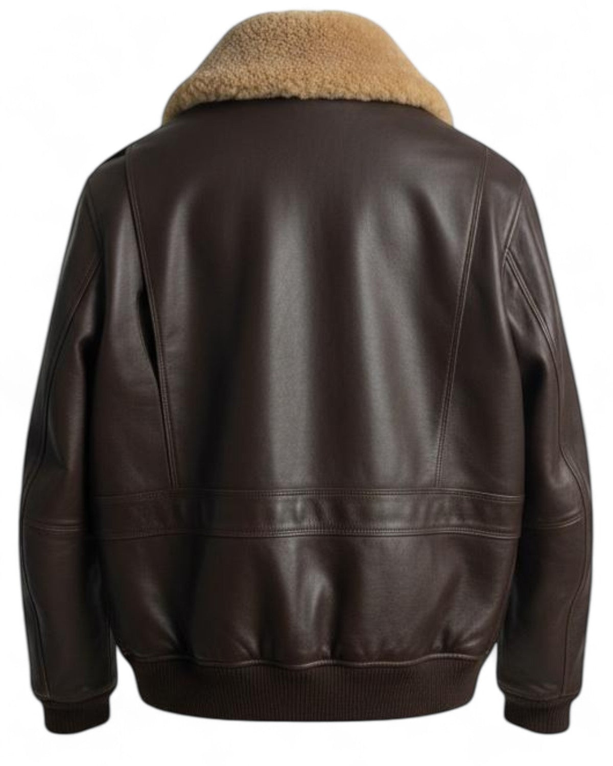 Retro del giubbotto Murdo in pelle marrone con collo shearling, taglio regolare e polsini elasticizzati per comfort e stile durante l'inverno.