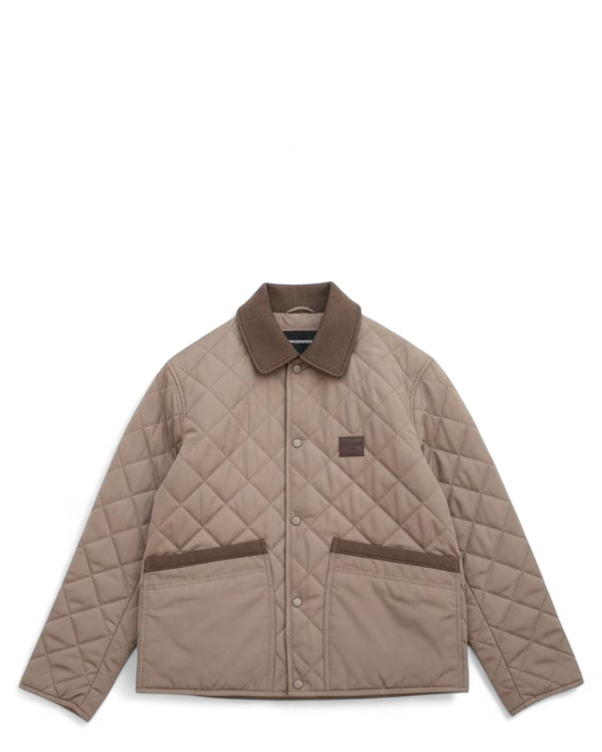 Blouson in nylon matelassé beige con motivo a rombi, collo in flanella marrone e patch logo sul petto. Design maschile ideale per l'inverno.