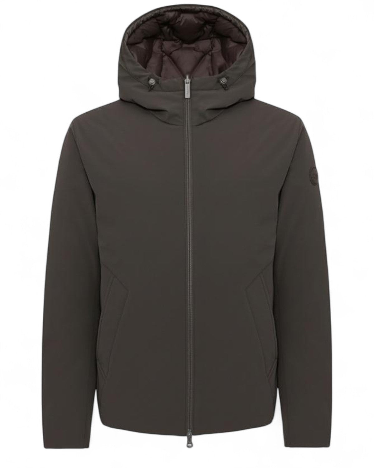 Giacca imbottita cappuccio reversibile uomo Colmar Originals lato liscio, colore scuro, con zip frontale e tasche oblique. Ideale per l'inverno.