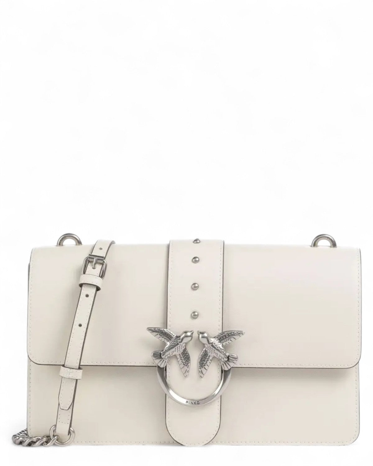 Borsa Love Bag One Simply PINKO in pelle liscia color avorio con fibbia Love Birds in metallo e tracolla regolabile a catena.