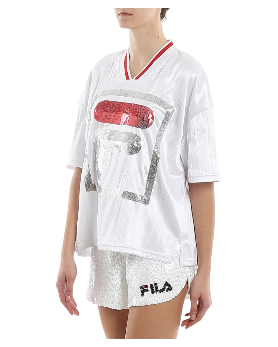 T-shirt Fila Miu Crimped Bianca con Maxi Logo in Paillettes-T-shirt-Fila-Vittorio Citro Boutique