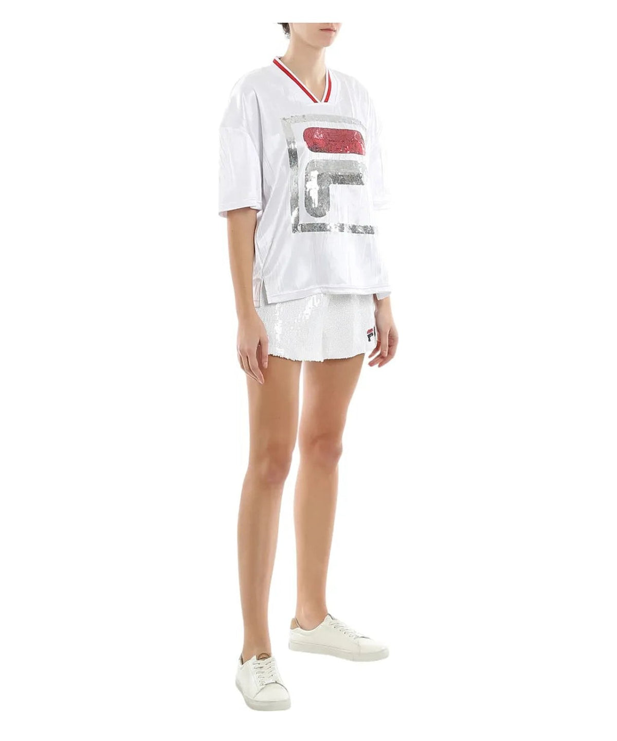 T-shirt Fila Miu Crimped Bianca con Maxi Logo in Paillettes 5