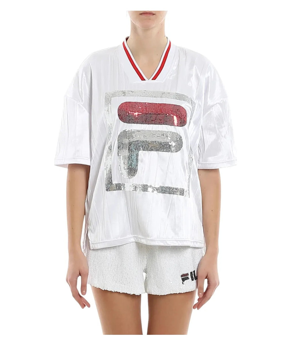 T-shirt Fila Miu Crimped Bianca con Maxi Logo in Paillettes 2