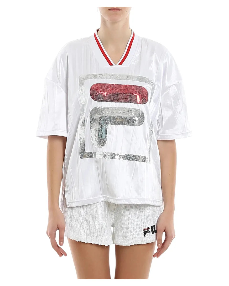 T-shirt Fila Miu Crimped Bianca con Maxi Logo in Paillettes-T-shirt-Fila-Vittorio Citro Boutique