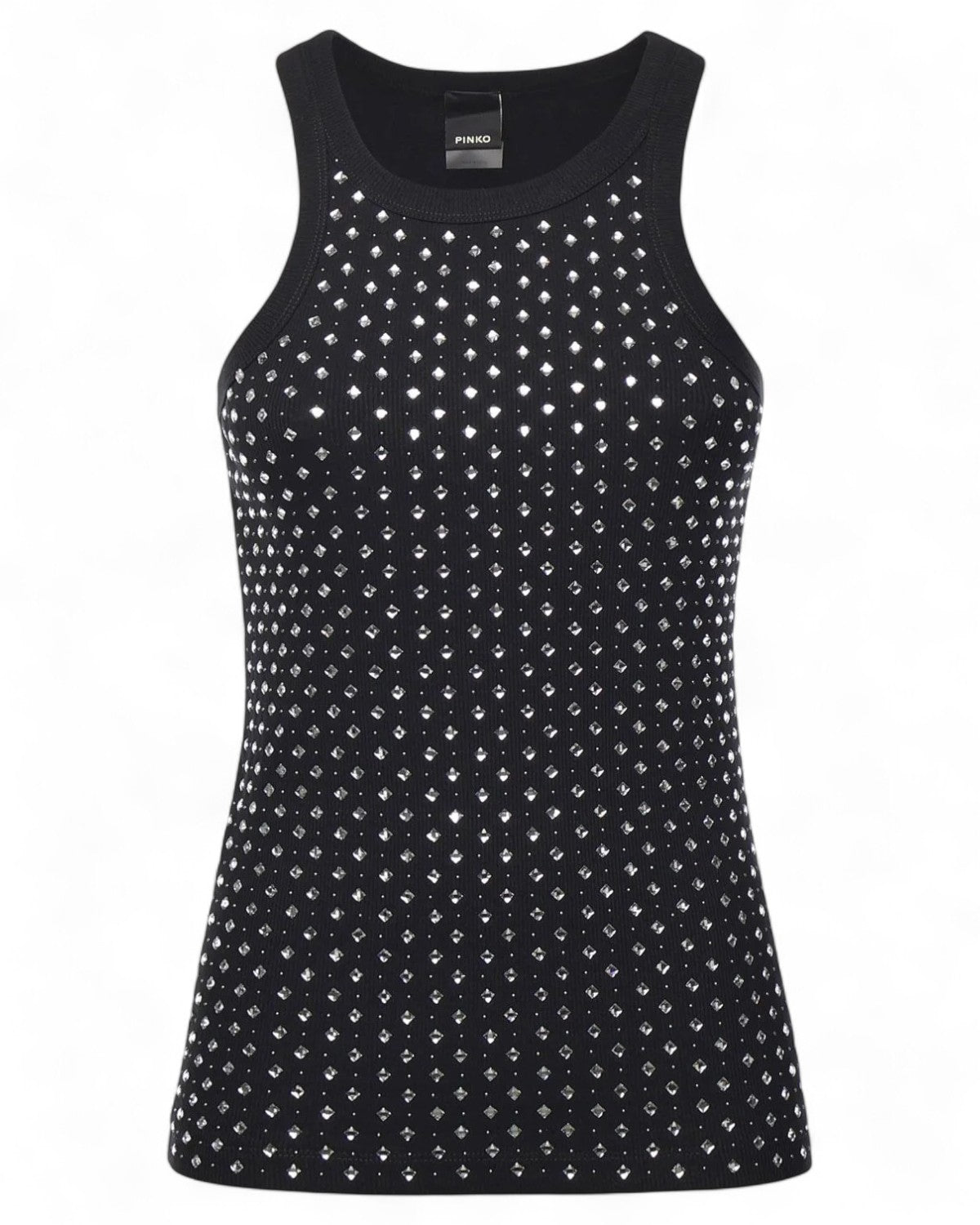 Top Annita Pinko con strass applicati, in maglia nera a costine, taglio smanicato e scollo all’americana. Ideale per look glamour invernali.