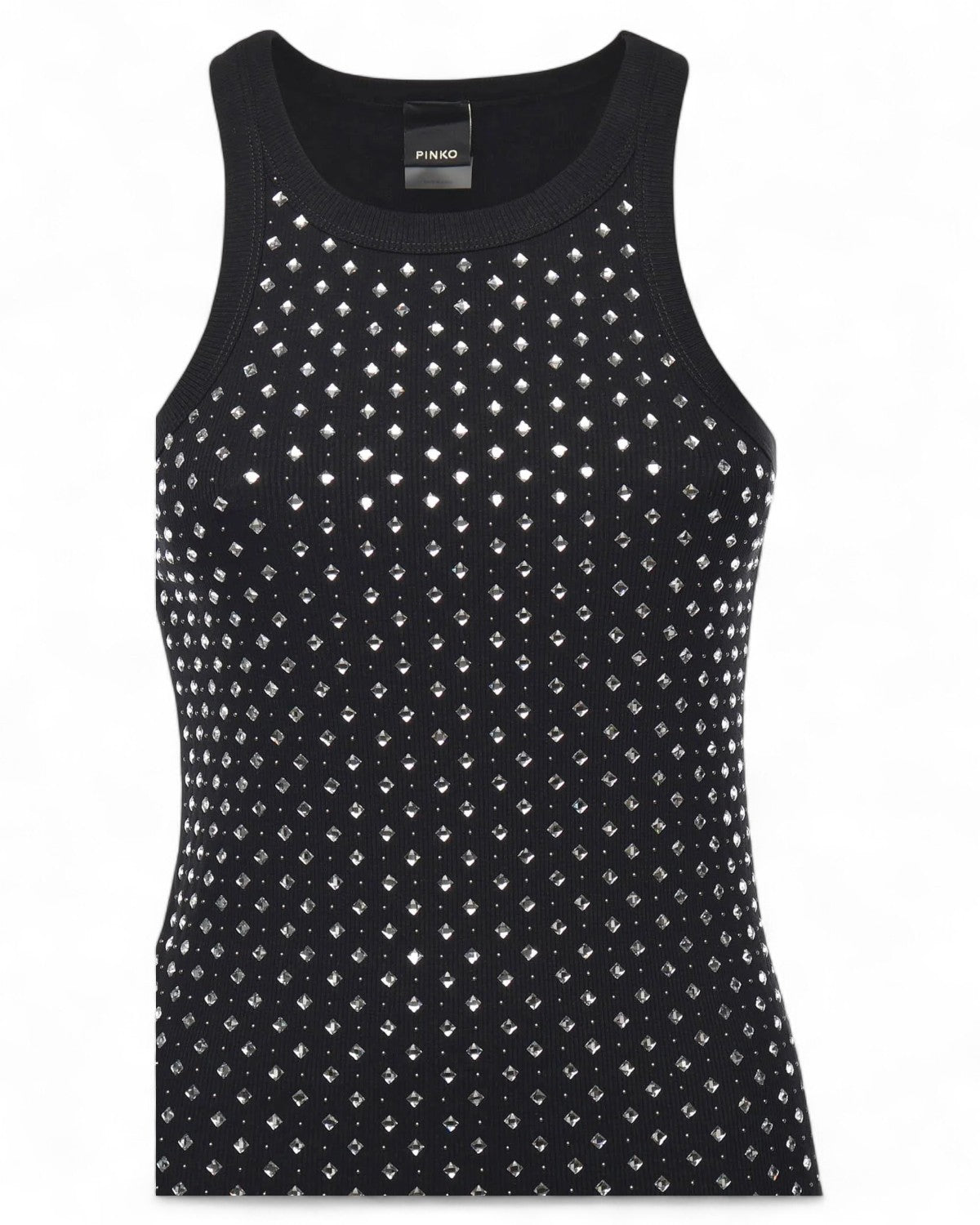 Canotta Annita in maglia nera firmata Pinko, decorata con strass brillanti su tutta la parte frontale. Perfetta per outfit sofisticati.