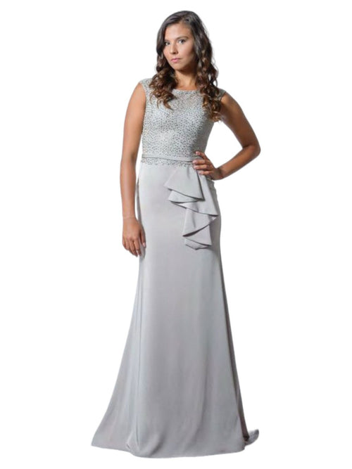 Elegant long polyester dress with decorated bodice, sleeve and