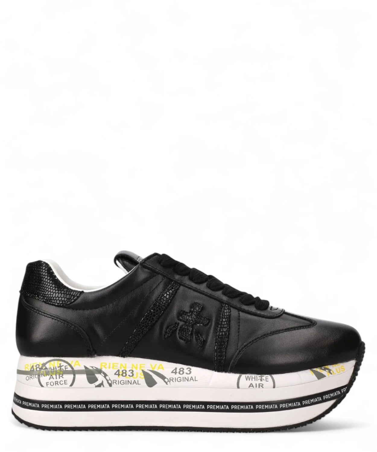 Sneakers nere platform Premiata Beth 7107 da donna con tomaia in pelle liscia e suola personalizzata, vista laterale sinistra.