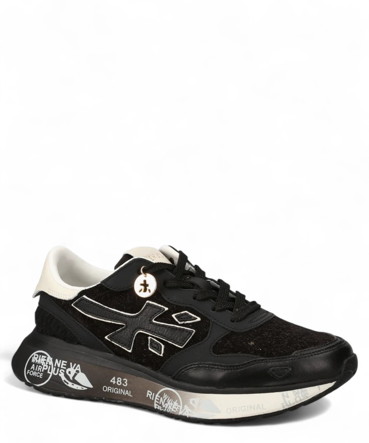 Scarpa da donna Sneakers Lauryn 7803 by Premiata in pelle e tessuto tecnico nero, con logo laterale e suola con grafiche originali.