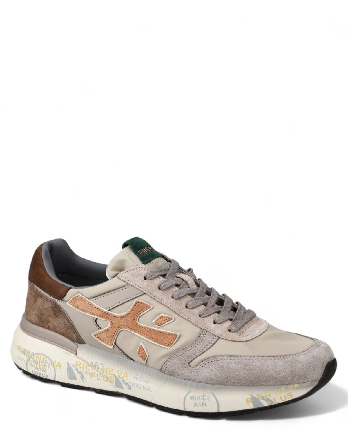 Scarpa sportiva Mick 7715 di Premiata per uomo, design taupe con inserti marroni e arancioni, ideale per look casual invernali.