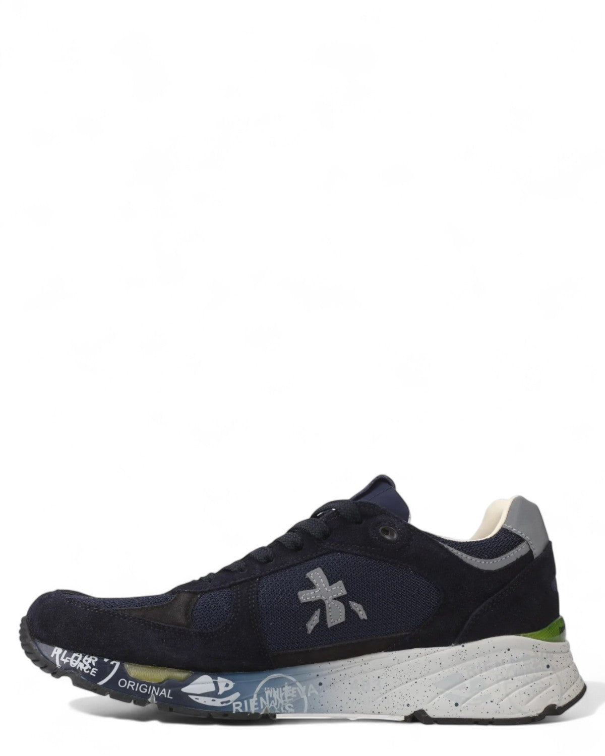 Scarpa sportiva Premiata Mase 6887 in pelle e tessuto blu navy, con logo grigio e suola decorata, ideale per look casual e urban invernali.