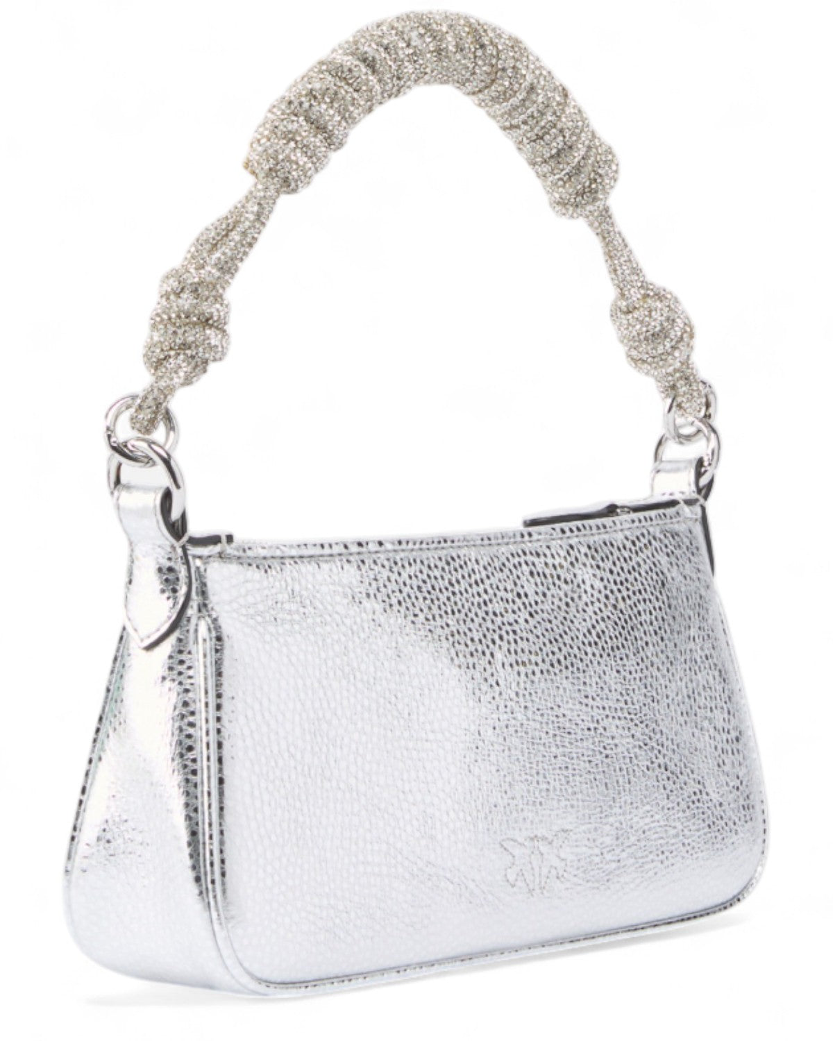 Vista posteriore della Borsa Half Moon Mini laminata con cristalli esclusivi, finitura argentata e manico decorato per outfit da sera.