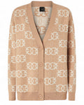Cardigan oversize Pinko donna beige con logo Love Birds jacquard, chiusura a bottoni e lavorazione anti-pilling, vista frontale su sfondo neutro.