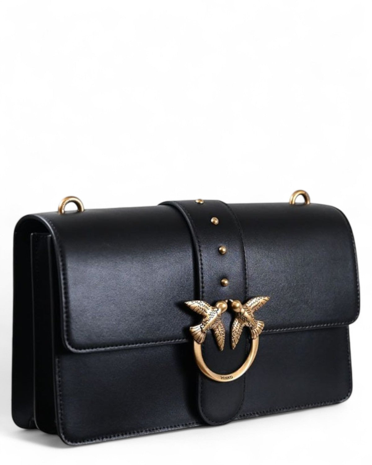 Borsa a spalla Love Bag One Simply in pelle nera con chiusura a fibbia Love Birds e dettagli dorati, ideale per outfit donna FW26.