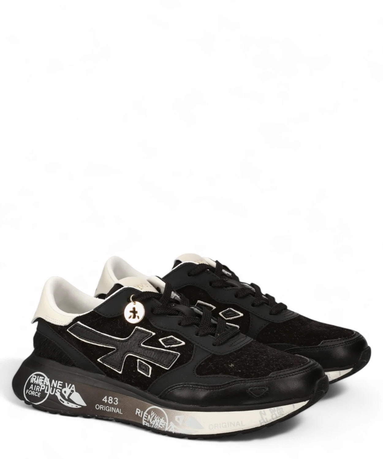 Coppia di Sneakers Lauryn 7803 Premiata da donna, in pelle nera e suola con stampa, stile contemporaneo per la stagione FW26.