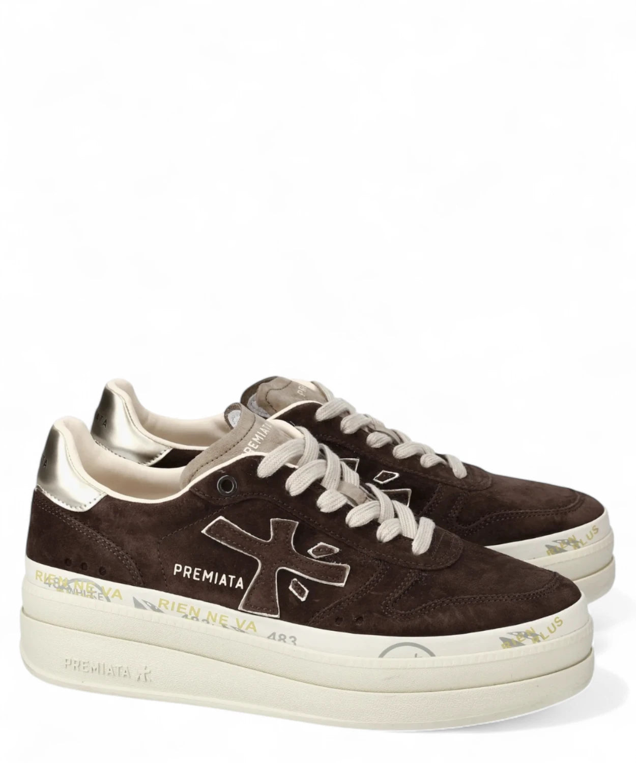 Scarpe Premiata Micol 7894 Platform da donna, design elegante in pelle scamosciata marrone con dettagli metallici e suola alta.