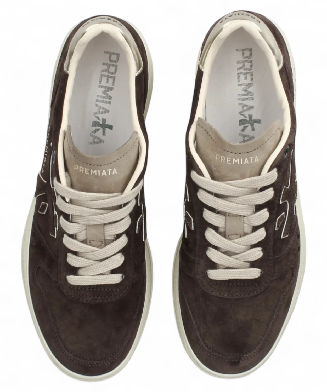 Vista dall’alto delle sneakers Micol 7894 Platform Premiata con lacci beige e logo interno, comfort e stile per ogni giorno.