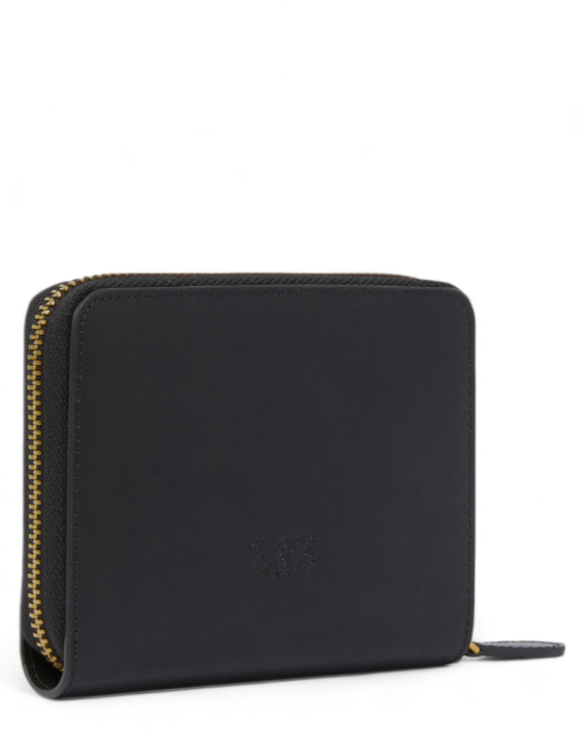 Retro del portafoglio Pinko quadrato in pelle nera con zip dorata e logo inciso, stile minimal per accessori donna FW26 inverno.