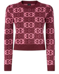 Maglia cropped Logo Love Birds di Pinko in jacquard bordeaux e rosa, maniche lunghe e vestibilità aderente, perfetta per look invernali trendy.