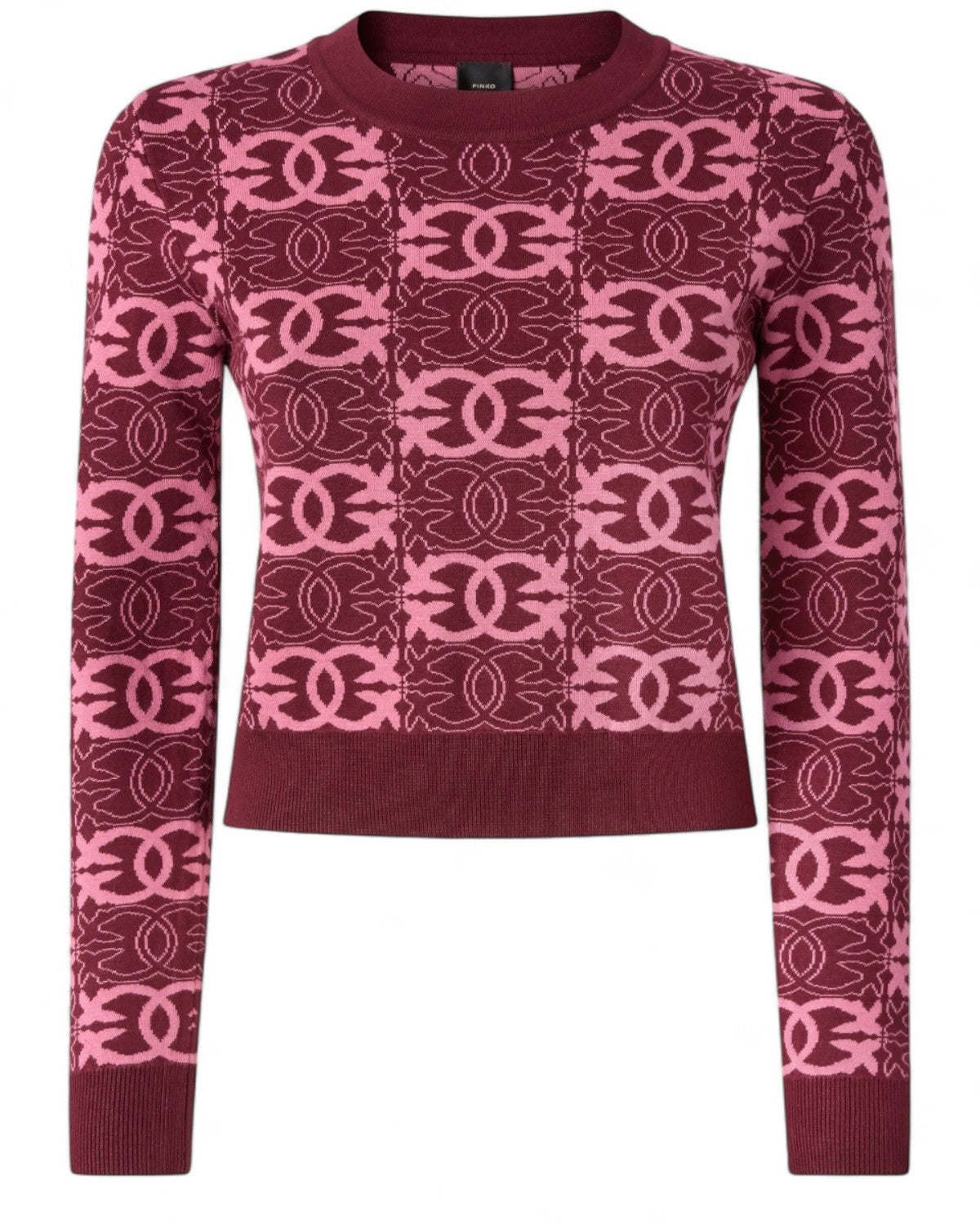 Maglia cropped Logo Love Birds di Pinko in jacquard bordeaux e rosa, maniche lunghe e vestibilità aderente, perfetta per look invernali trendy.