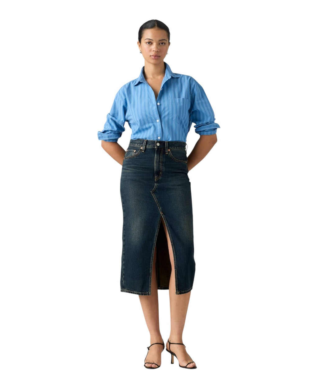 Midi denimnederdel med frontslids og dekonstrueret design