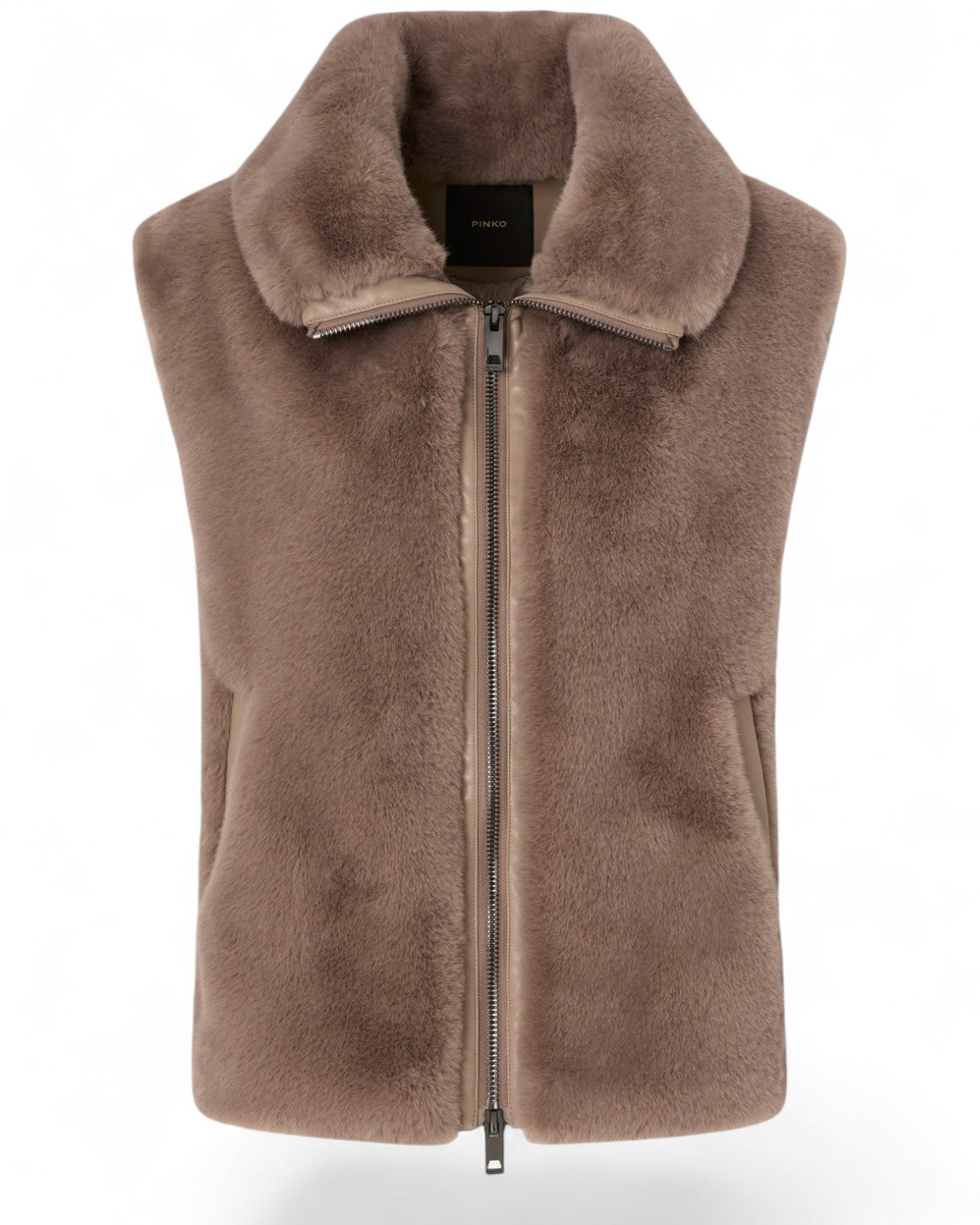PINKO Gilet Donna Effetto Pelliccia con Zip marrone chiaro, con collo alto e tasche laterali, perfetto per look invernali chic e versatili.