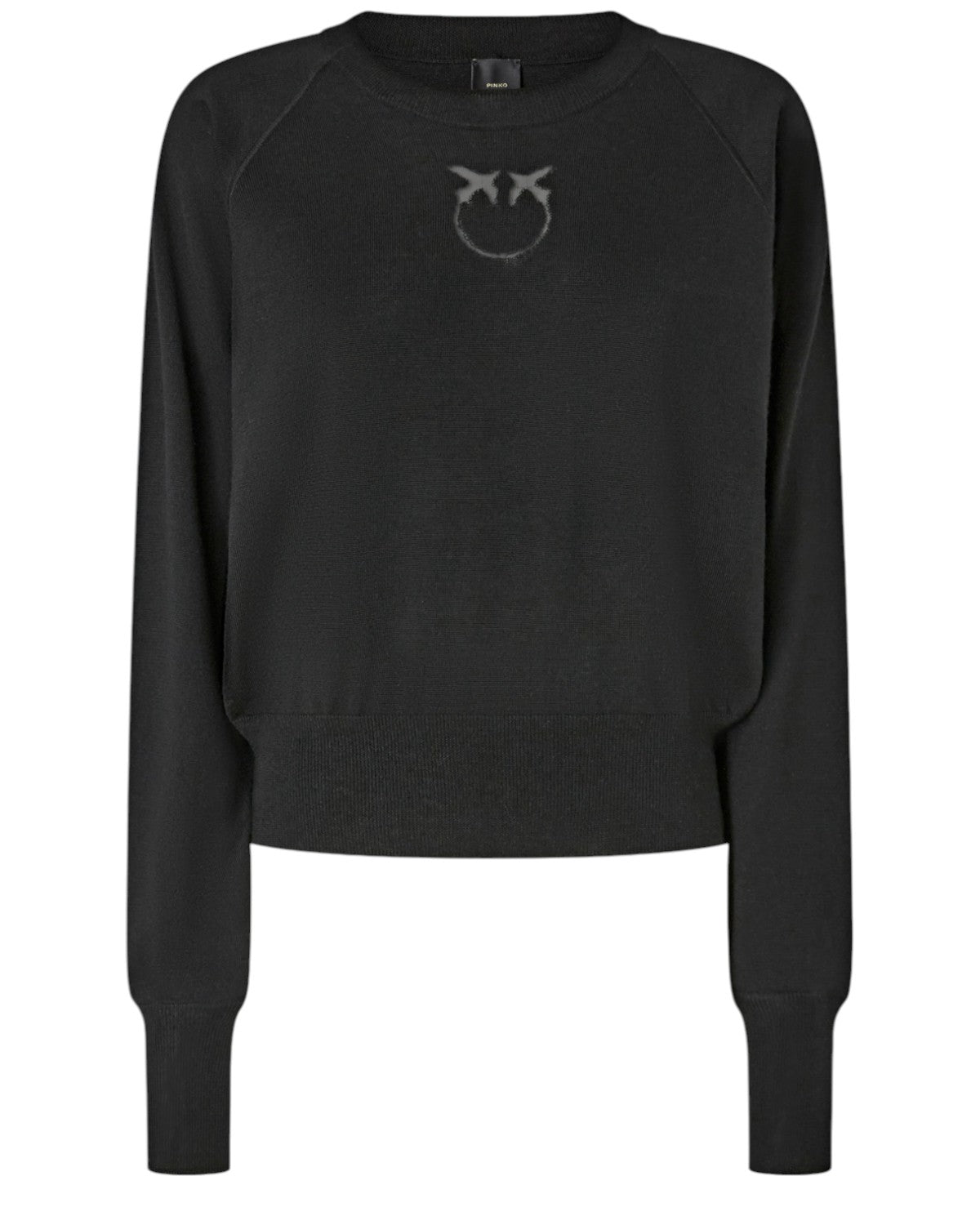 Maglia Lana Merino Love Birds Dévoré Pinko nera con logo dévoré sul petto, maniche lunghe e taglio regular, perfetta per look invernali eleganti.