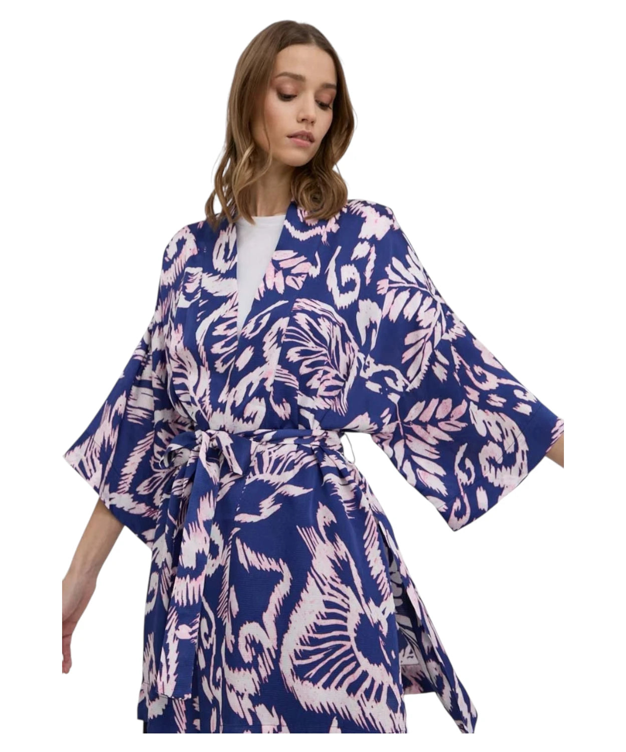 Kimono corto in raso fantasia floreale con cintura e maniche 3/4-Beatrice B-Maglieria-Vittorio Citro Boutique