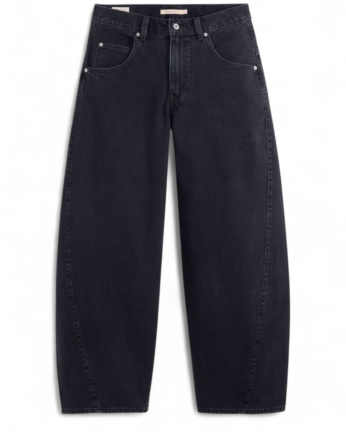 Levi’s Jeans Donna Barrel Super Baggy Vita Alta Oversize in denim nero con gamba curva extra ampia, stile audace e moderno per l'inverno.