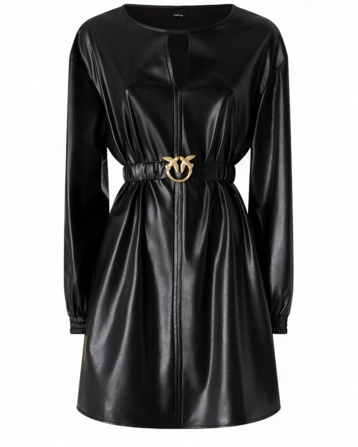 Abito Pelle Corto PINKO con Cintura Love Birds, maniche lunghe e taglio sfiancato, in similpelle nera lucida. Dettaglio cintura dorata iconica.