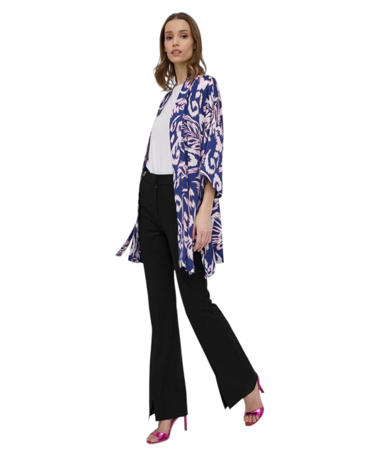 Kimono corto in raso fantasia floreale con cintura e maniche 3/4-Beatrice B-Maglieria-Vittorio Citro Boutique