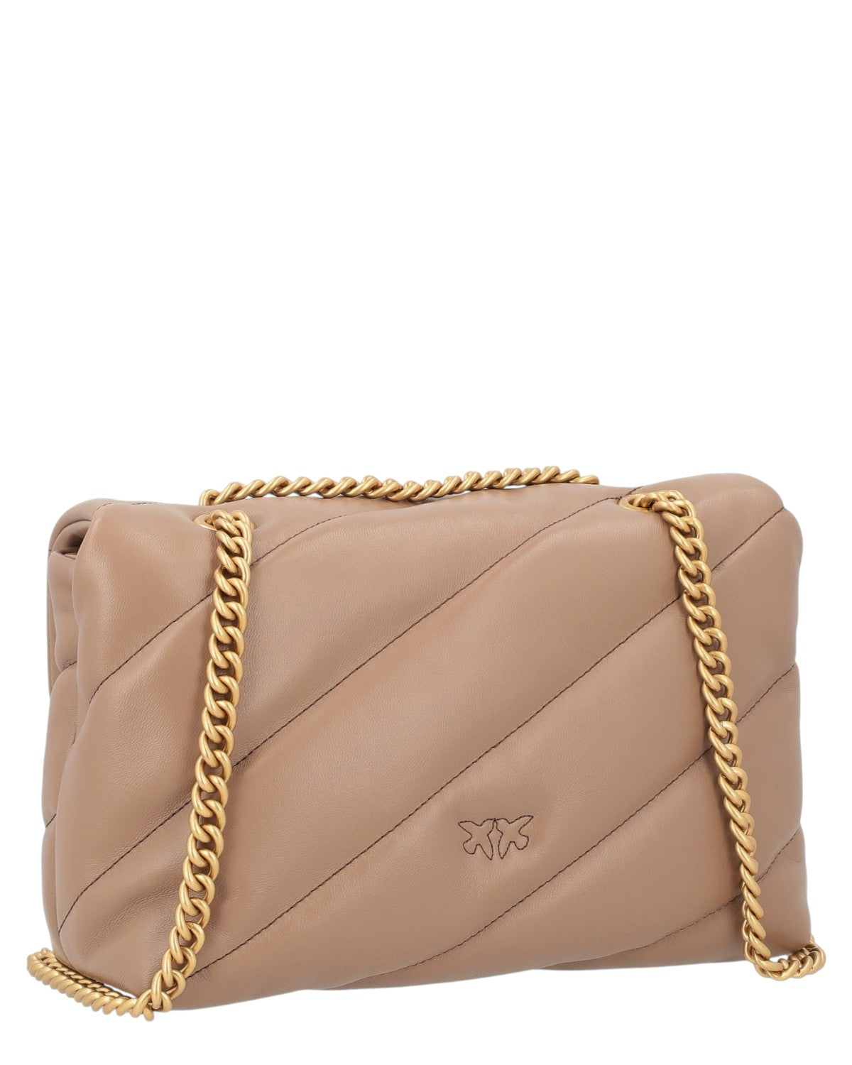 Retro della borsa Love Bag Puff in nappa trapuntata beige con catena dorata e logo inciso, stile raffinato per borse a spalla da donna.