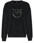 Felpa girocollo nera PINKO con ricamo gioiello Love Birds sul petto, in cotone, stile casual chic per donna FW26.