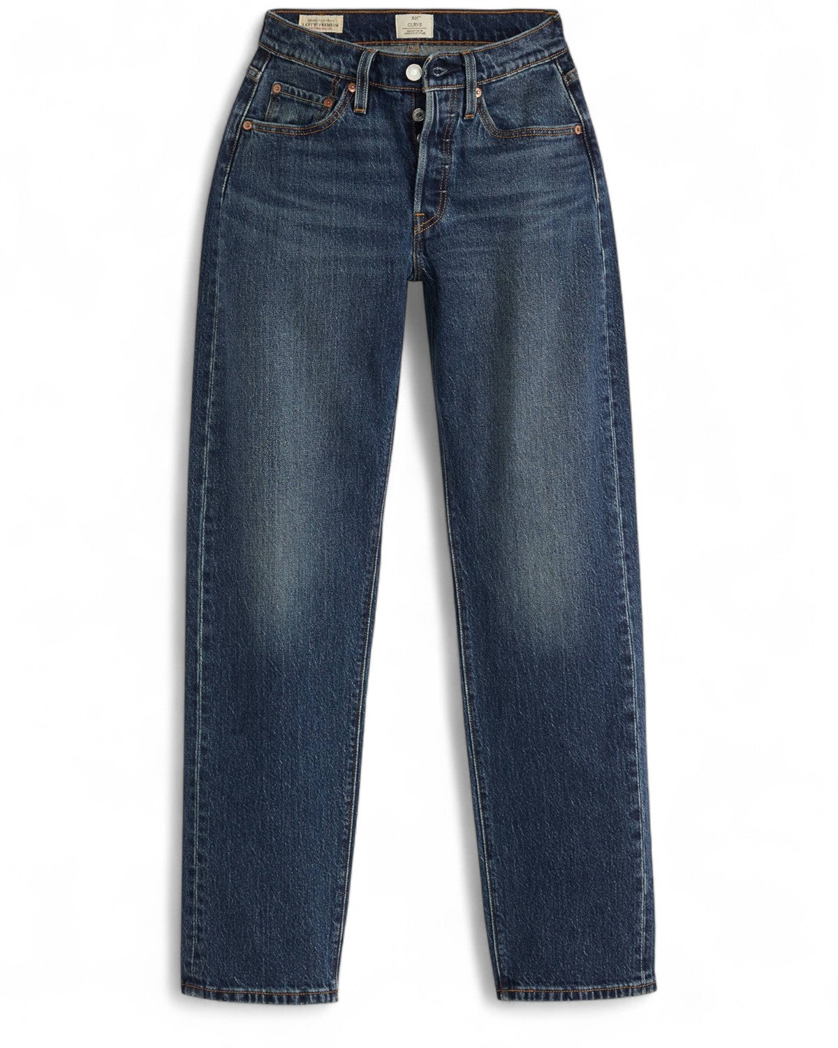 Jeans donna Levi’s 501 Curve Fit Vita Alta in denim blu con taglio dritto e lavaggio leggermente slavato, ideali per silhouette curvy.