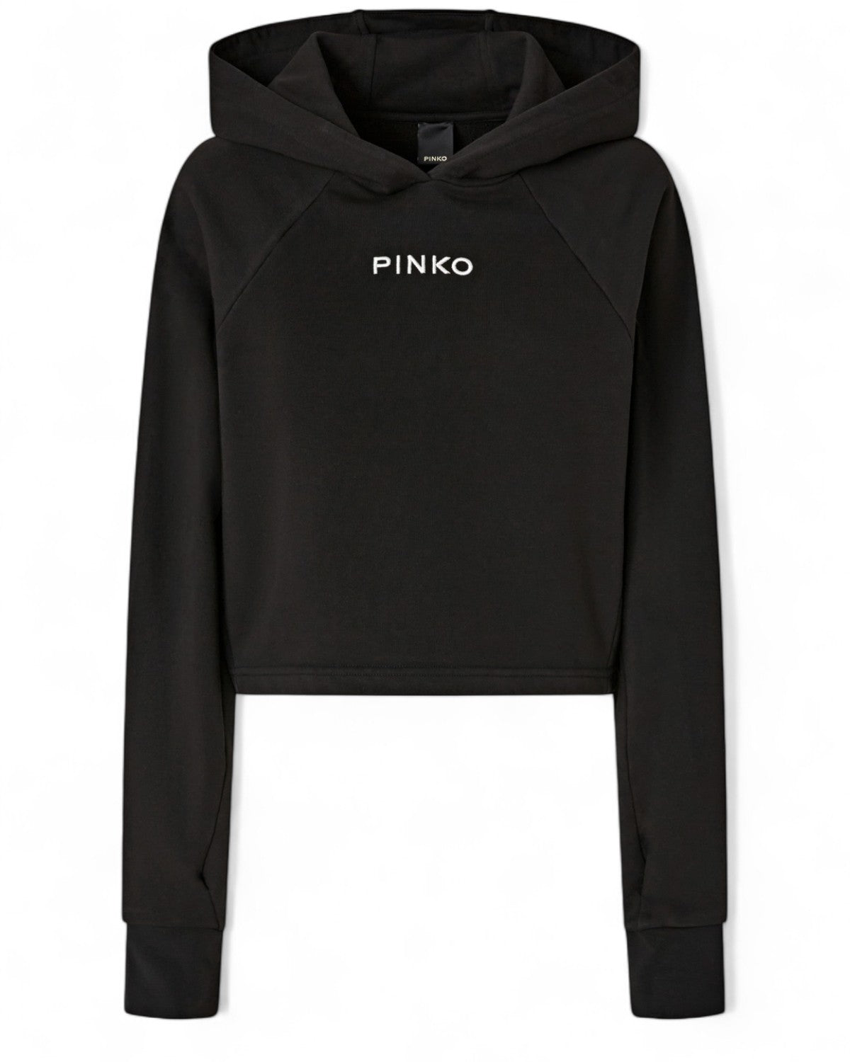 Felpa Cropped con Cappuccio e Ricamo Logo PINKO nera, vista frontale. Design minimal con logo ricamato bianco su petto, stile casual-chic.