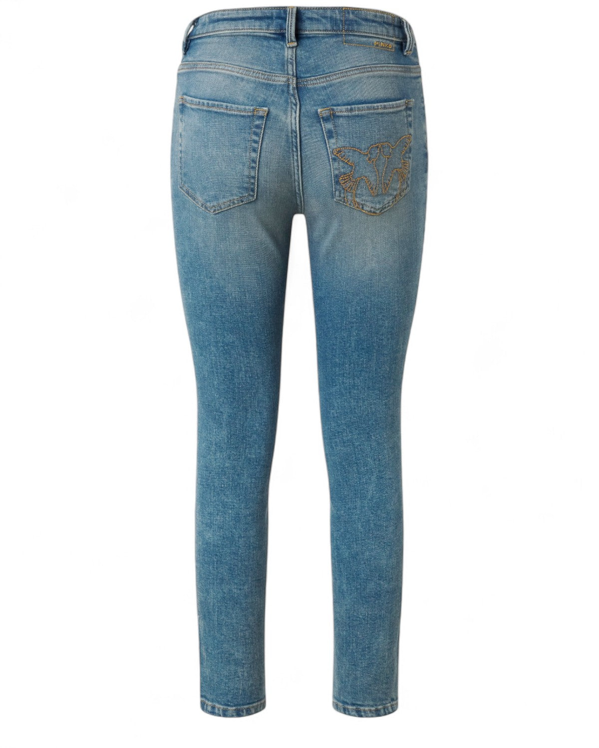 Retro dei jeans skinny donna vintage PINKO in denim stretch blu con tasche ricamate e vestibilità aderente, ideali per look invernali casual.