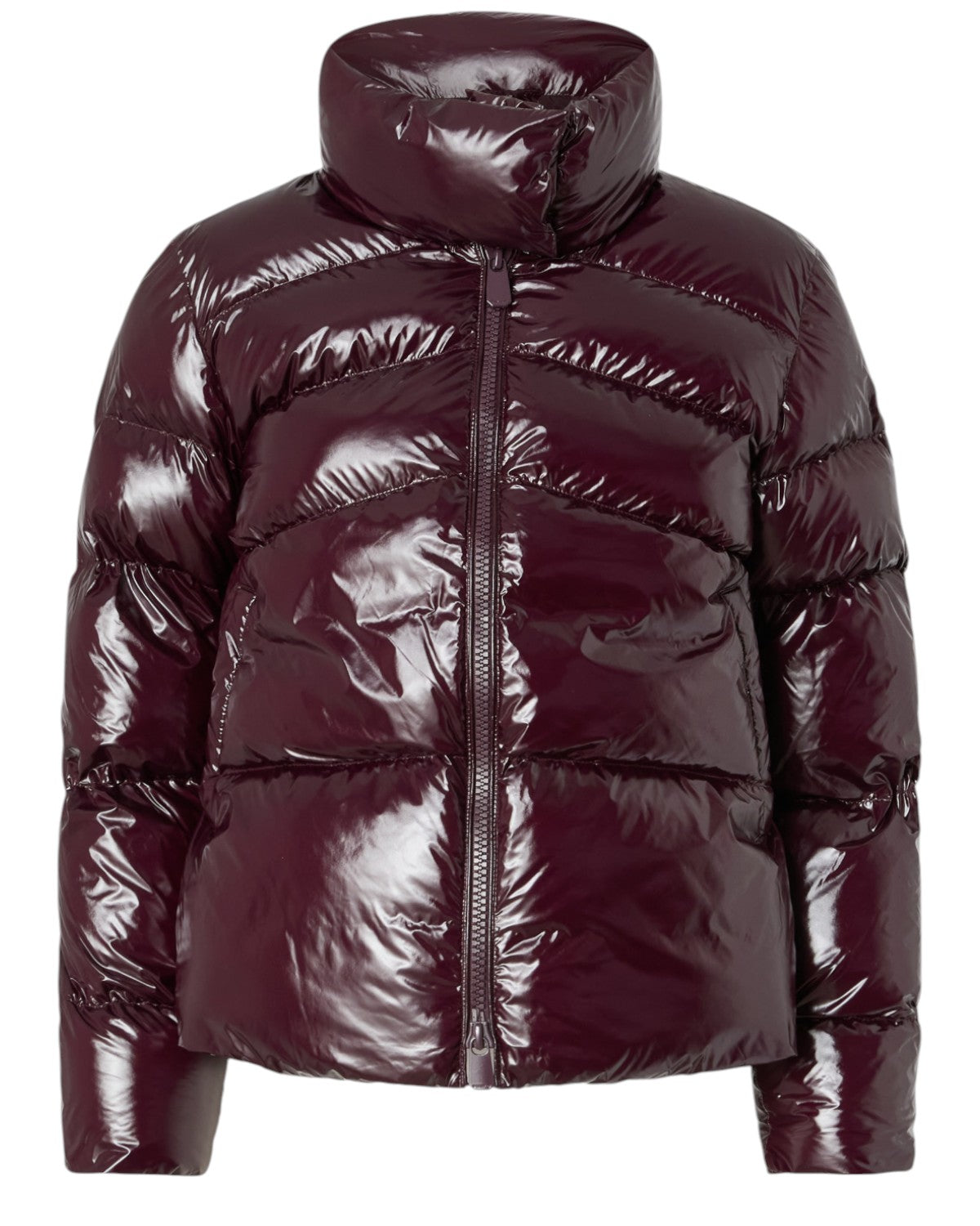 Piumino Caban Love Birds in nylon lucido color borgogna con zip doppio cursore e collo alto, ideale per l'inverno donna FW26.