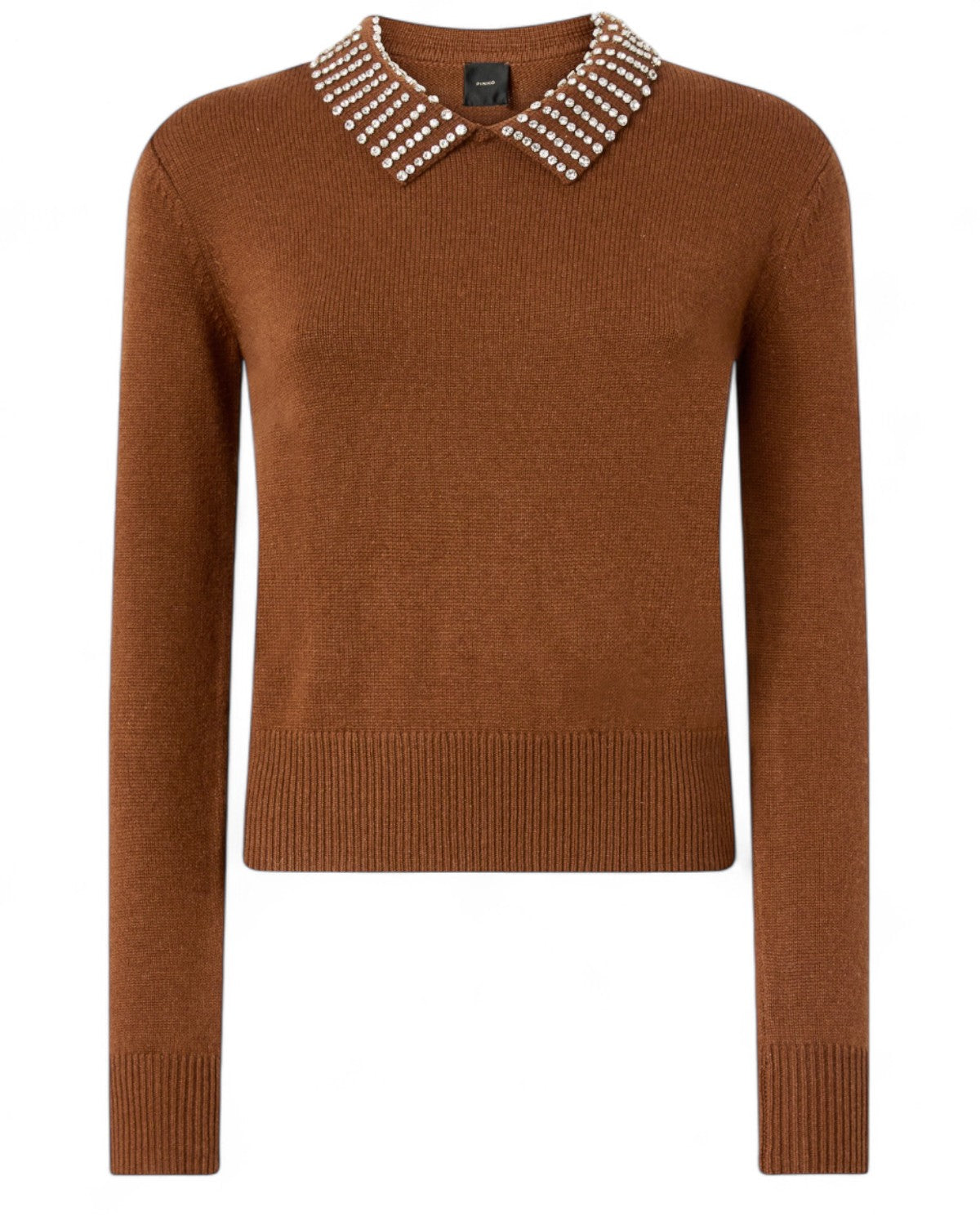 Maglia Polo con Strass marrone PINKO, colletto decorato e vestibilità aderente, perfetta per look eleganti invernali da donna.