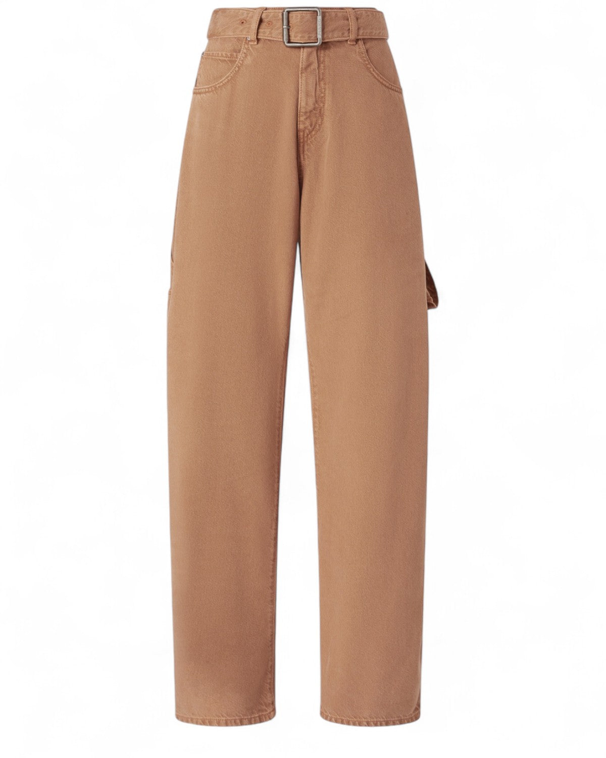 Pantaloni Balloon Denim Workwear PINKO in cotone e lyocell color cammello con cintura e tasche laterali, stile utility per donna FW26.