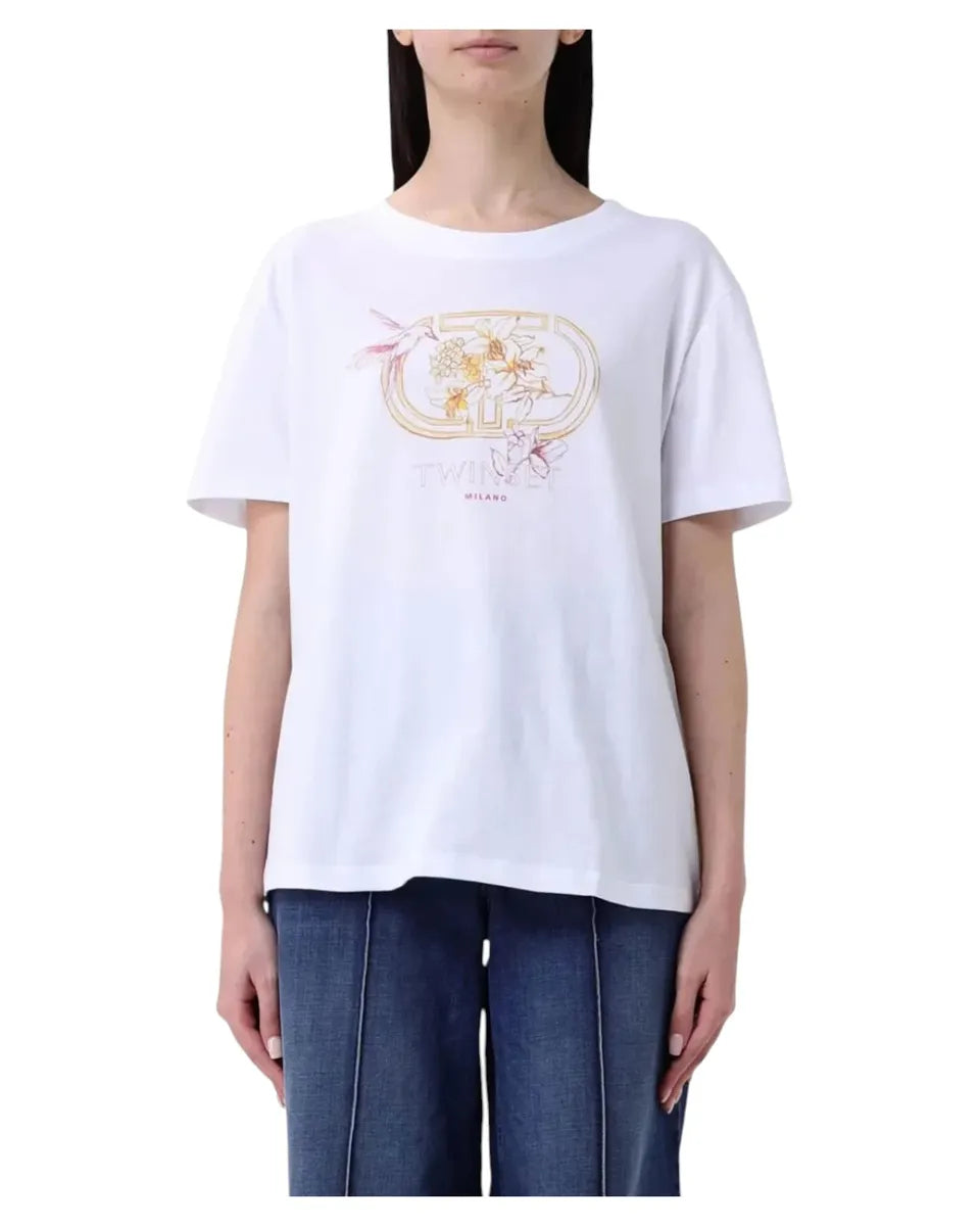 T-shirt bianca in cotone con stampa illustrata-Twinset-T-shirt-Vittorio Citro Boutique
