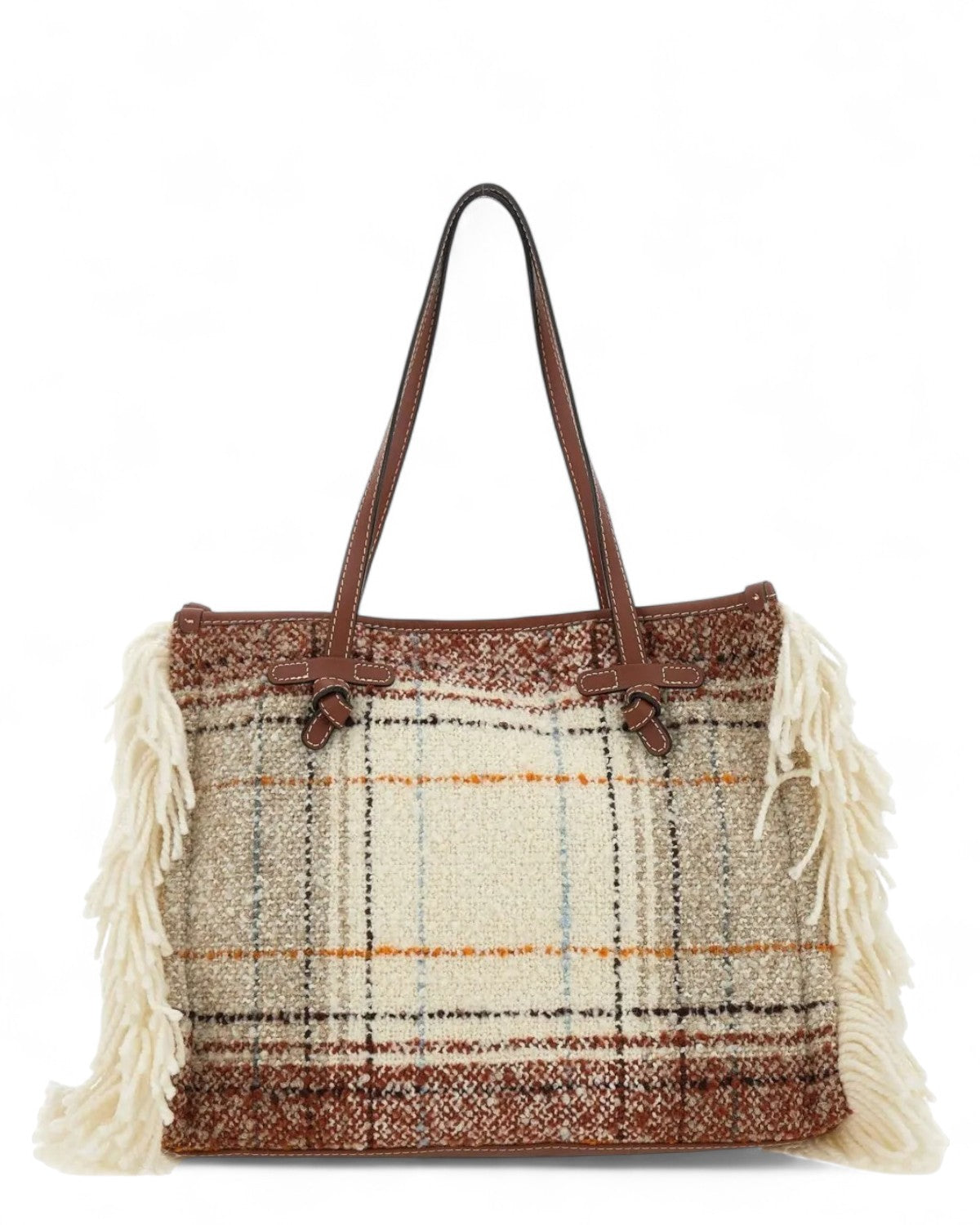 Borsa Marcella plaid con frange elegante, shopper in tessuto effetto lana con manici in pelle marrone e chiusura magnetica, stile invernale donna.