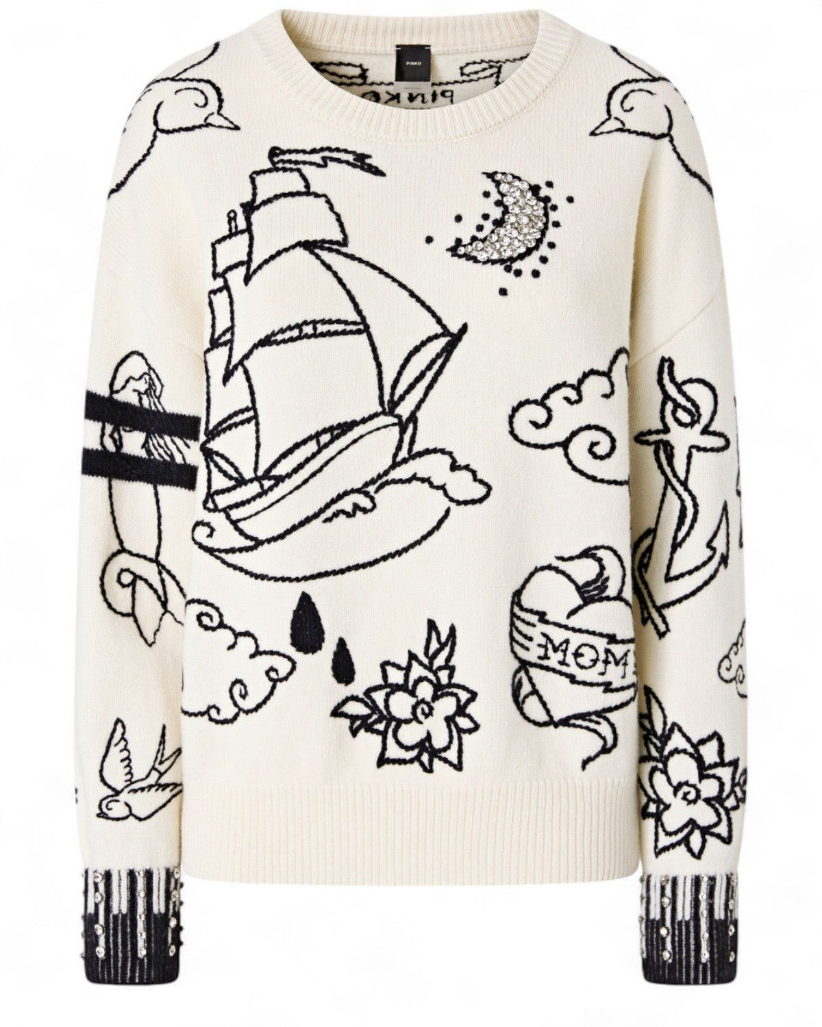 Maglione Lana Merino PINKO con fantasie tattoo e strass su sfondo panna, maniche lunghe e girocollo, stile casual chic per l'inverno donna.