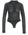 Body Polo Travorato PINKO a maniche lunghe in pizzo nero con colletto e bottoni, ideale per look moderni e femminili.