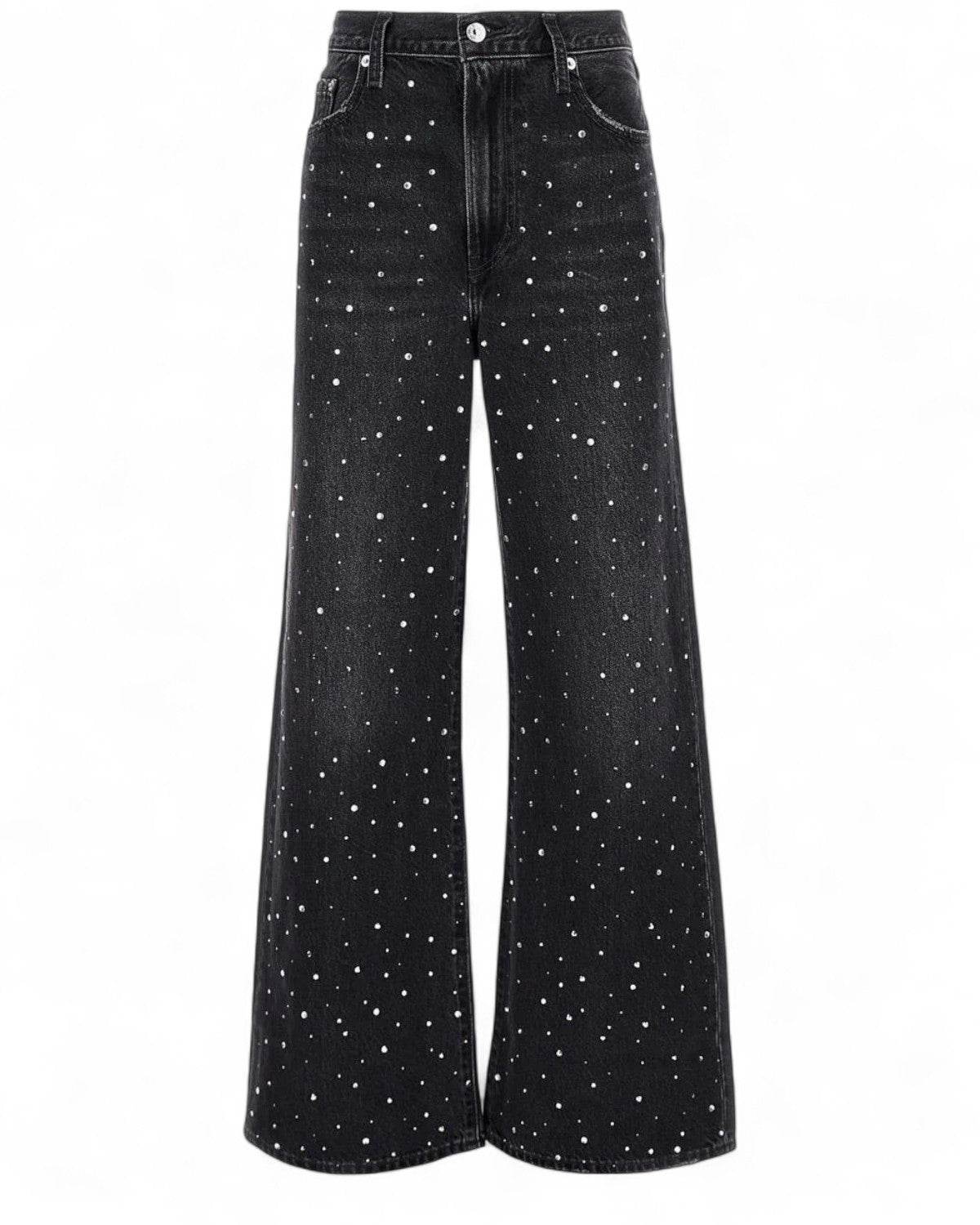 Jeans Ribcage Vita Alta Levi’s neri con strass, taglio wide leg, stile anni '70 e sostenibilità in cotone biologico. Ideali per look invernali donna.