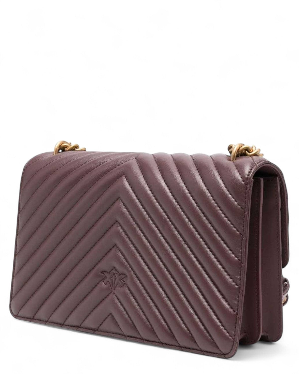 Retro della borsa a tracolla Love Bag Pinko in nappa matelassé chevron con cuciture a V e logo inciso. Stile sofisticato per look invernali.